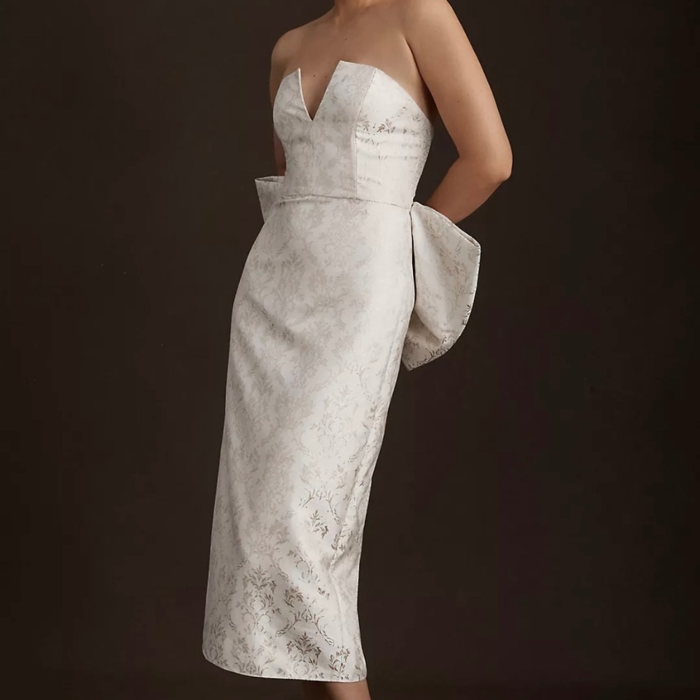 Sachin & Babi Vienna Notched V-Neck Bow-Back Jacquard Midi Dress